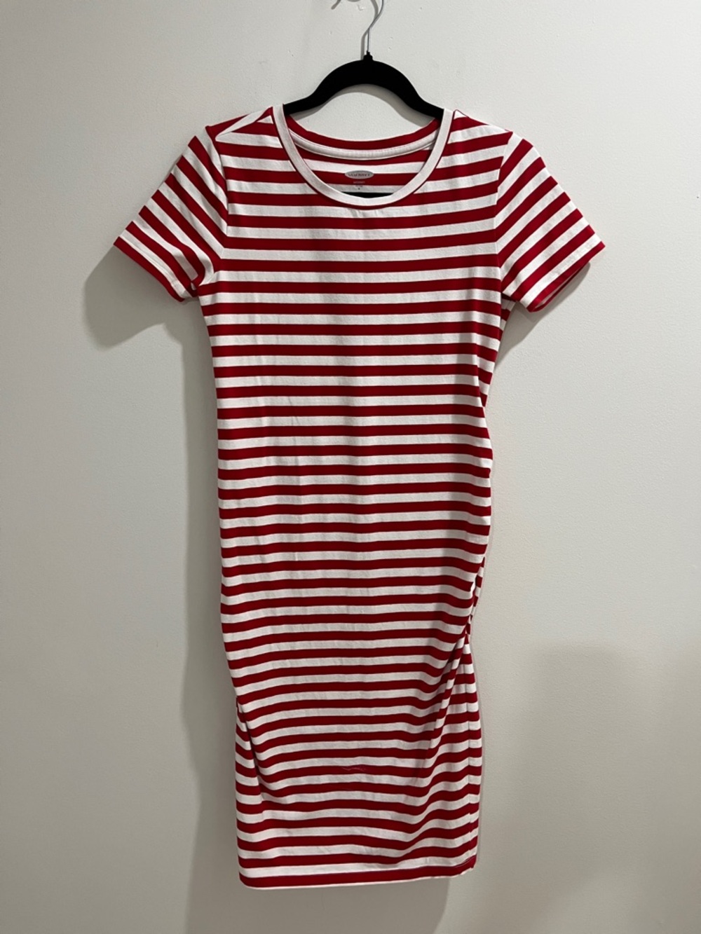 Maternity Dress Small Striped Red White Ruched Midi Old Navy Cotton Stretch